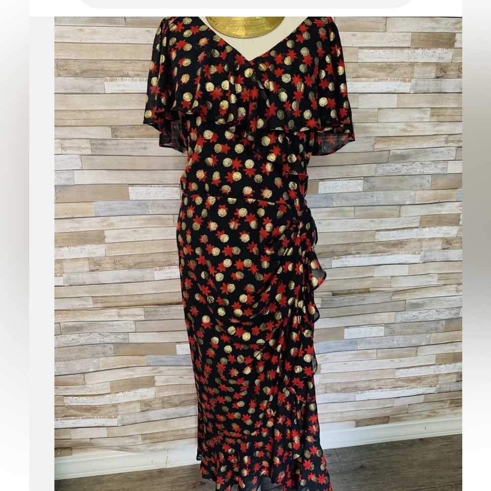 Lane Bryant Black Maxi Dress Red Floral Gold Polka Dot, Size Women’s 26